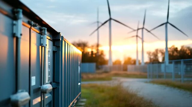 Amount of energy storage systems or battery container units defocused solar turbine farm background power facility infrastructure renewable generation support with copy space