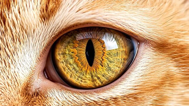 Close-up of a cat's striking orange eye, showcasing intricate details.