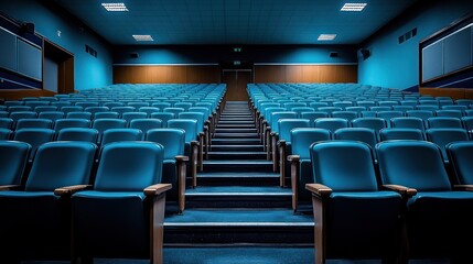 Empty theater auditorium, rows of blue seats