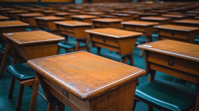 Empty wooden desks in rows, a large exam hall