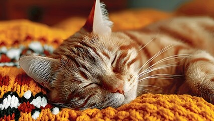 A close-up shot of a peaceful orange tabby cat sleeping soundly on a warm, textured knitted blanket, showcasing its striped fur and relaxed expression.