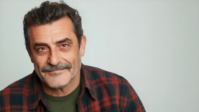 Mature Man Smiling Softly in Flannel Shirt with a Relaxed Expression Against a Light Background