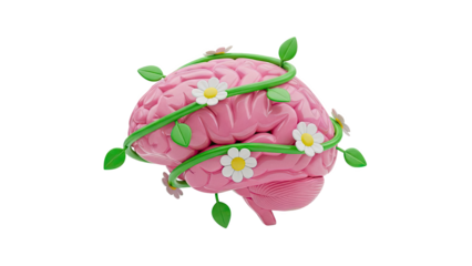 Pink Brain Wrapped in Green Vines and Flowers
