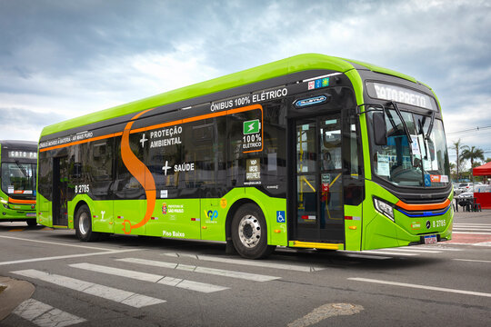 Caio E-Millennium Mercedes-Benz 2025 electric bus on display at Bus Brasil Fest 2025 show, held in the city of Barueri, Brazil.