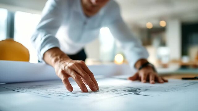 Architect working on project of structure in office faceless professional closeup defocused workspace background energy efficiency concept sustainable building design power
