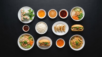 Vietnamese Cuisine Assortment with Spring Rolls, Banh Mi, and Noodle Bowls, Top View Flat Lay on Black Background, Asian Gastronomy Concept