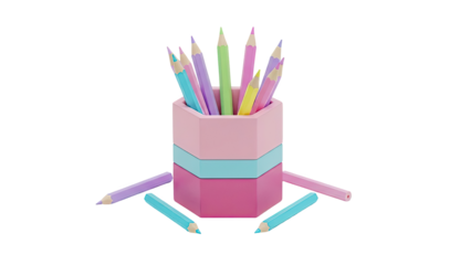 Pastel Colored Pencils in Hexagonal Holder with Scattered Pencils