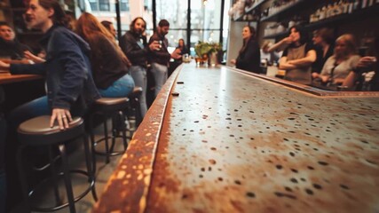 Rusty Bar Counter with Blurred Crowd in Background
