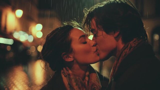 Romantic Couple Kissing in Parisian Twilight Rain