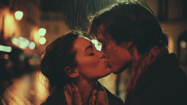 Romantic Couple Kissing in Parisian Twilight Rain
