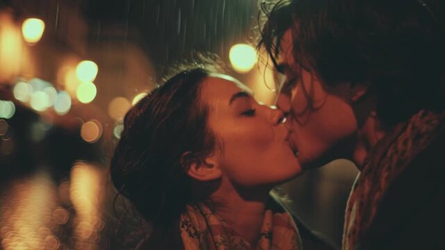 Romantic Couple Kissing in Parisian Twilight Rain