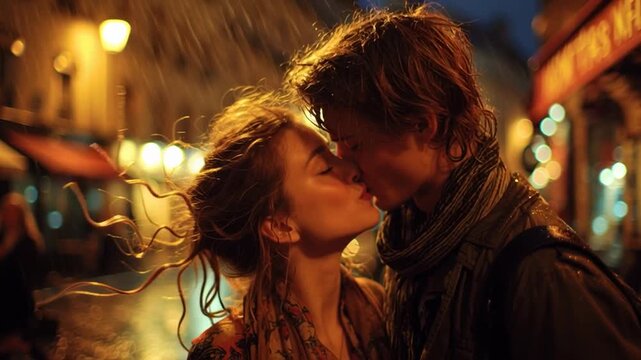 Romantic Couple Kissing in Parisian Twilight Rain