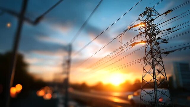 Energy and high voltage powerline infrastructure defocused transmission background electrical distribution system power grid visualization sustainable electricity network with