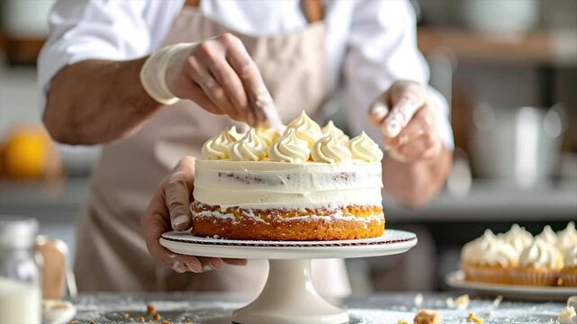A baker decorates a frosted layer cake with piped frosting. It's on a pedestal dish