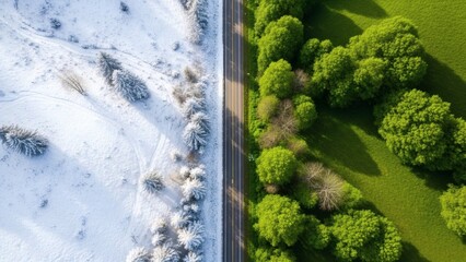 Aerial Road Top View of Seasonal Contrast Between Snowy Winter and Green Spring Landscape