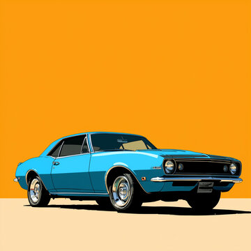 Stylized blue vintage muscle car illustration on bold orange background