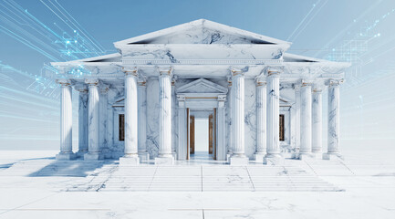 Fototapeta premium Futuristic white marble temple with glowing digital elements under clear blue sky