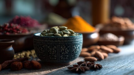Aromatic spices and culinary herbs collection in rustic bowls displayed
