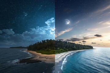 Island landscape split between day and night