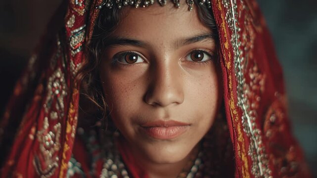 The face of a young girl in traditional dress looking intently at the camera revealing innocence