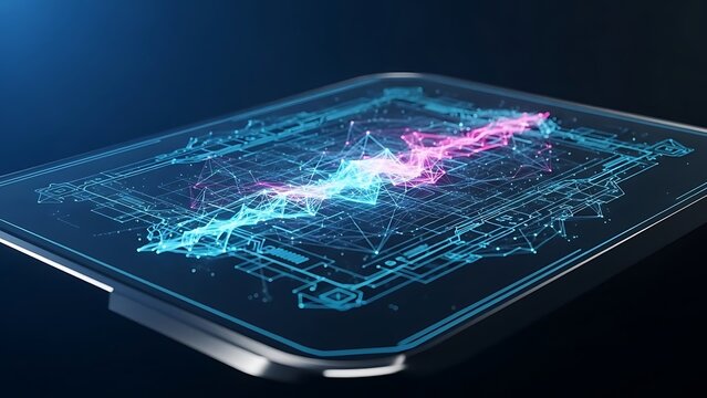 Dynamic digital interface on a modern device, showcasing an intricate network of data points and a clear upward trend, symbolizing technological progress and insightful analytics - Powered by Adobe