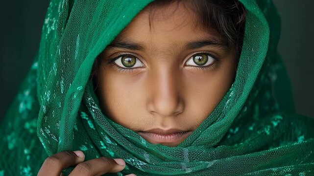 Captivating close-up of a young girl with piercing green eyes adorned in a vibrant green headscarf
