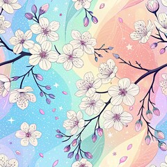 White cherry blossoms on dark branches against a pastel rainbow gradient background pattern