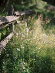 A Serene Meadow Scene Featuring Wildflowers and a Rustic Wooden Fence Embraced by Lush Greenery in Soft Natural Light