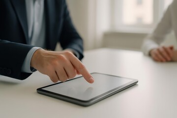 Flat-lay tablet mockup with a hand touching the screen, set on a clean white desk in a bright office perfect for UI, app, or tech design showcases.