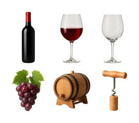 Various wine objects including bottle, glasses, grapes, barrel, and corkscrew, essential elements for enjoying and producing fine red wine.
