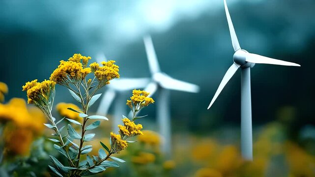 Turbines generating electricity in field defocused landscape background windmill energy production renewable power facility sustainable generation installation with copy space