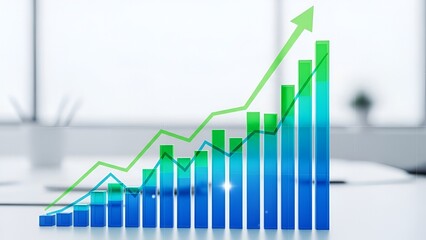 Dynamic digital bar and line graphs showing consistent upward trend, symbolizing financial success, market growth, and positive business development, set against a modern office backdrop
