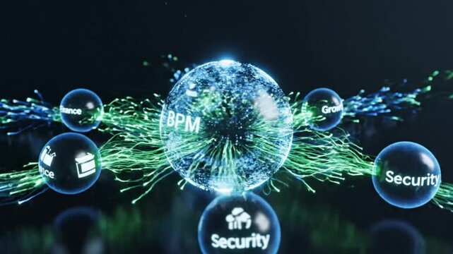 Dynamic BPM technology concept with glowing blue sphere and green energy lines