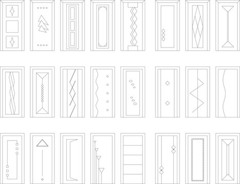 Minimalist vector set of modern door panel designs in thin line style, suitable for architectural drawings, CAD, and interior design.