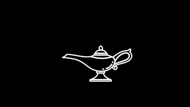Animated outline genie lamp icon showing a shaking motion with vapor coming from the spout. Simple line illustration presented as an isolated element on a dark background. HD video with alpha channel