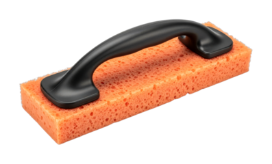 Orange cleaning sponge with black handle is a versatile and durable tool used for various household cleaning tasks, especially scrubbing surfaces.