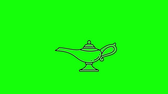 Line animation of a genie lamp icon with shaking motion and vapor rising from the spout. Outline illustration displayed on a green background for chroma key use. Simple animated element. HD video