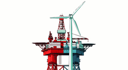 Offshore oil rig platform merges with a wind turbine, symbolizing energy transition and renewable power generation.