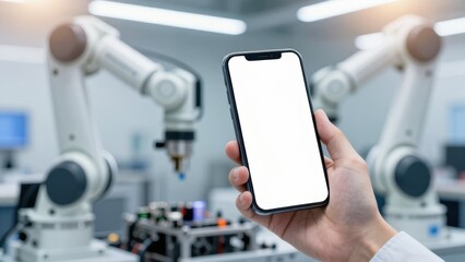 Industrial smartphone mockup with hand holding blank screen phone in factory with robotic arms, ideal for automation, tech, and industry apps.