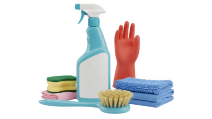 Eco Household Cleaning Kit Spray Bottle Sponge Brush Gloves Cloth Isolated on Transparent Background PNG

