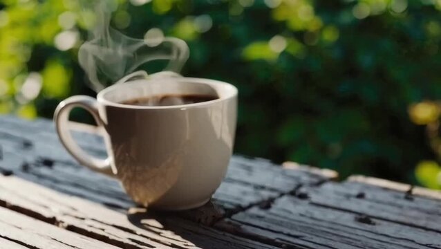 Hot coffee cup steaming on rustic wooden table with green natural background. Seamless looping 4k video background
