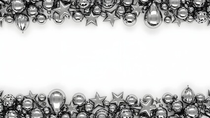 Mixed chrome mini shapes (stars, orbs, abstract balloons) arranged as a top-and-bottom border around a large central white copy area