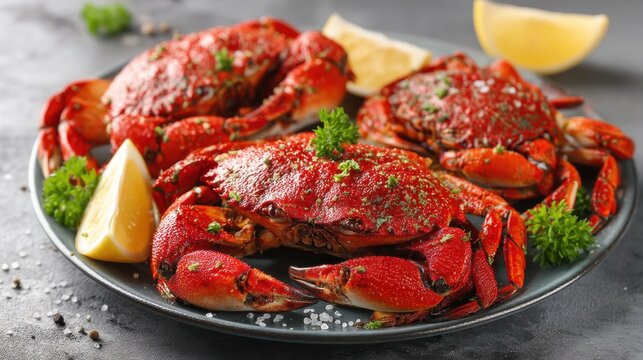 Three crabs are arranged on a round plate with lemon wedges and green herbs. They are bright red and look freshly cooked. The setting suggests a seafood dish ready to be enjoyed.