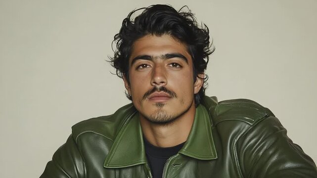 Stylish Portrait of a Handsome Man in a Green Leather Jacket Against a Neutral Background