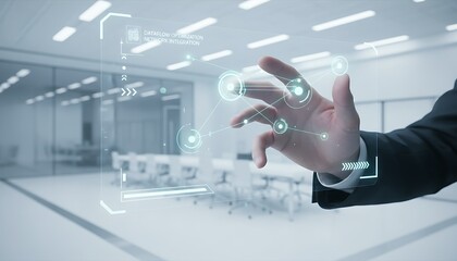 Business Hand Interacting with Holographic Interface in Modern Office