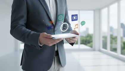 Businessman Holding Tablet with Abstract Holographic World Map