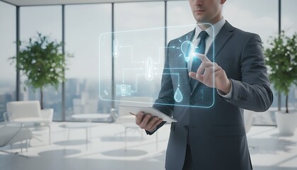 Businessman Holding Transparent Tablet in a Bright Modern Lounge Setting