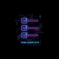 Digital Task Complete Interface with Checkmark and Neon Glow