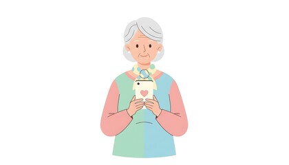 Elderly Woman Comfortably Drinking Tea and Using a Smartphone at Home