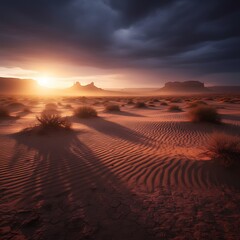 Dramatic Sunset Over Sand Dunes in a Vast Desert Landscape